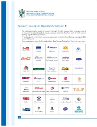 SKYLINE BUSINESS SCHOOL
            SKYLINE SCHOOL OF COMMUNICATIONS
            SKYLINE INSTITUTE OF TRAVEL  TOURISM




Summer Training: An Opportunity Window
     For most students a live project or Summer Training is their first window to the corporate world. It
     is mandatory for all undergraduate and post graduate students to do at least one 8-10 week summer
     training as part of their course work.
     A good corporate environment ensures an appropriate motivation for and acts as a springboard for
     successful careers.
     Some organisations where Skyline students have done Summer Training/Live Projects in recent years:




                           Amadeus              Bajaj Auto              Birla Sunlife




                           Citi Bank       Citi Financial Services     Cox  Kings




      CNBC TV18                              Fortis Healthcare             Hertz




      Hindustan              ICICI            Kotak Mahindra           LG Electronics




      Marico Ltd.    Marriott Welcom Hotels Mudra Communications         Pepsi Co.




       Red FM          Reliance Infocomm          Sodexho            Standard Chartered   Thomas Cook




                         Thomson Press             Wipro



26
 