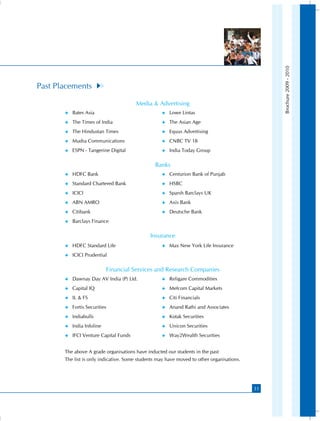 Brochure 2009 - 2010
Past Placements

                                         Media  Advertising
       )   Bates Asia                             )   Lowe Lintas
       )   The Times of India                     )   The Asian Age
       )   The Hindustan Times                    )   Equus Advertising
       )   Mudra Communications                   )   CNBC TV 18
       )   ESPN - Tangerine Digital               )   India Today Group

                                                Banks
       )   HDFC Bank                              )   Centurion Bank of Punjab
       )   Standard Chartered Bank                )   HSBC
       )   ICICI                                  )   Sparsh Barclays UK
       )   ABN AMRO                               )   Axis Bank
       )   Citibank                               )   Deutsche Bank
       )   Barclays Finance

                                              Insurance
       )   HDFC Standard Life                     )   Max New York Life Insurance
       )   ICICI Prudential

                             Financial Services and Research Companies
       )   Dawnay Day AV India (P) Ltd.           )   Religare Commodities
       )   Capital IQ                             )   Mefcom Capital Markets
       )   IL  FS                                )   Citi Financials
       )   Fortis Securities                      )   Anand Rathi and Associates
       )   Indiabulls                             )   Kotak Securities
       )   India Infoline                         )   Unicon Securities
       )   IFCI Venture Capital Funds             )   Way2Wealth Securities


       The above A grade organisations have inducted our students in the past
       The list is only indicative. Some students may have moved to other organisations.




                                                                                           31
 