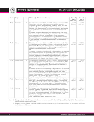The University of Hyderabad


  Course       Subject              Intake    Minimum Qualifications for admission                                                       Date and          Date and
                                                                                                                                            time of          time of
                                                                                                                                        written test       interview
  Ph.D.        Economics              23      M.A. in the subject concerned (with at least 55% marks) or Equivalent Grade Or                1.6.2010         7.7.2010
                                              Masters degree in the allied subjects(as mentioned for M.Phil Economics)                     2.00 p.m.       10.00 a.m.
                                              (with at least 60% marks) or Equivalent Grade with M.Phil. Degree /UGC JRF
                                              qualification /Two years of teaching/research/relevant administrative governance
                                              experience in the subject concerned in a recognised institution of higher learning
                                              or three publications in the subject concerned in recognised refereed journals.
                                              OR
                                              With at least 60% marks Or Equivalent Grade in Master’s degree in any subject
                                              with two years teaching experience in a degree college in the subject concerned or a
                                              closely related area or two years teaching/research/relevant administrative
                                              governance experience in the subject concerned or in a closely related area in a
                                              University/Department or a recognised institute of higher learning or a minimum
                                              of three publications in recognised refereed journals in the subject in which
                                              admission is sought.
  Ph. D.       History                12      M.A. in the subject concerned (with at least 55% marks) or Equivalent Grade Or                3.6.2010         7.7.2010
                                              M.A. in allied subjects (with at least 60% marks) or Equivalent Grade with M.Phil.          10.00 a.m.       10.00 a.m.
                                              Degree /UGC JRF /Two years of teaching/research experience in the subject
                                              concerned in a recognised institution of higher learning or three publications in
                                              the subject concerned in recognised refereed journals.
                                              OR
                                              With at least 60% marks Or Equivalent Grade in Master’s degree in any subject with
                                              two years teaching experience in a degree college in the subject concerned or a
                                              closely related area or two years teaching/research experience in the subject
                                              concerned or in a closely related area in a University Department or a recognised
                                              institute of higher learning or a minimum of three publications in recognised
                                              refereed journals in the subject in which admission is sought.
  Ph. D.       Political Science      12      M.A. in the subject concerned (with at least 55% marks) or Equivalent Grade OR                4.6.2010         7.7.2010
                                              M.A. in allied subjects (with at least 60% marks) or Equivalent Grade with M.Phil.          10.00 a.m.       10.00 a.m.
                                              Degree /UGC JRF /Two years of teaching/research experience in the subject
                                              concerned in a recognised institution of higher learning or two publications in
                                              the subject concerned in recognised journals.
                                              OR
                                              With at least 60% marks Or Equivalent Grade in Master’s degree in any subject with
                                              two years teaching experience in a degree college in the subject concerned or a
                                              closely related area or two years teaching/research experience in the subject
                                              concerned or in a closely related area in a University/Department or a recognised
                                              institute of higher learning or a minimum of two publications in recognised
                                              refereed journals in the subject in which admission is sought.
                                              Note: The concerned subjects are Political Science or Public Administration
  Ph.D.        Regional Studies       04      M.A. in any of the Social Science subjects with at least 55% marks or Equivalent              2.6.2010         9.7.2010
                                              Grade Or M.A. in allied subjects (with at least 60% marks) or Equivalent Grade               2.00 p.m.        2.00 p.m.
                                              with M.Phil. Degree in a Social Science subject/UGC JRF/Two years of teaching/
                                              esearch experience in any Social Science subject in a recognised institution of
                                              higher learning or three publications in any Social Science subject in recognised
                                              refereed journals.
  Ph. D.       Sociology              12      M. Phil degree in the subject concerned and Master’s degree in the subject                    5.6.2010         7.7.2010
                                              concerned with at least 55% marks; OR Master’s degree in the subject concerned               2.00 p.m.       10.00 a.m.
                                              with at least 55% marks with two years teaching experience in a degree college or
                                              two years of teaching/research experience in the subject concerned in a University
                                              department or a recognised institute of higher learning or qualified in UGC
                                              National level test for JRF
                                              Note: The concerned subjects are Sociology or Social

Note:      1. The approved intake for Ph.D. is expected to be filled over four sessions in July 2010, October 2010, January 2011, and April 2011. Therefore, all the seats
              need not necessarily be filled in July 2010 alone.
           2. Candidates possessing M.Phil/M.Tech./UGC-NET for Lectureship alone should also appear for the written test as they are not exempted from written
              test for admission to Ph.D courses.




26                                                                                                                   Prospectus cum Application Form 2010 - 11
 