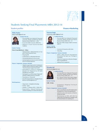 Students Seeking Final Placements MBA 2012-14
Finance-Marketing

Student profiles
Namrata Singh

Hitika Madan
hitika.madan@gmail.com

nsnamrata.singh22@gmail.com
Academic Record:

Academic Record:

•• Pursuing MBA from Maharishi Dayanand

•• Pursuing MBA from Maharishi Dayanand

University, Rohtak and PGP from Skyline
Business School, Delhi 2012 – 14

University, Rohtak and PGP from Skyline
Business School, Delhi 2012 – 2014

•• BCA from VSICS, Kanpur (CSJM University)

•• B.com from Delhi University 2009-2012.

2009-12

•• Diploma in Travel Tourism from Bird

Academy.
Summer Training:

Summer Training:
Real Gains Pvt. Ltd
•• Commercial Transaction with clients

Future Group (Big Bazaar) – 45days
•• Majorly hiring i.e. taking interviews as I was

part of Talent acquisition team.

•• Telecalling

Projects / Assignments / Seminars Attended:
•• A I M A ’ s 4 0 t h N a t i o n a l M a n a g e m e n t

•• Preparing MIS.

Convention-The topic was “Courage in
Uncertainty

•• Conducting  co-ordinating interviews.
•• Overseeing induction for new recruits.

•• Voltas Ltd. Assignment on Business Strategic

•• Maintaining dossier of new recruits  checking

Policy  Management

those of existing employees.

•• Software Piracy assignment

Projects / Assignments / Seminars Attended:
•• Helped in organizing event for Confederation

of Indian Industry Institute of Logistics (CII) on
“Next Generation Supply-Chain 2020”.
•• Participated in a seminar on “Marketing

Priyanka Lall
lall.priyanka@gmail.com

Myopia 2.0” Organize by All India
Management Association.

Academic Record:
•• Pursuing MBA from Maharishi Dayanand

•• Participated in an NGO project Organized”

University, Rohtak and PGP from Skyline
Business School, Delhi 2012 – 14

Mohalla Football Festival as Volunteer.
•• Presentation on ‘Dream Job’

•• B.A. (Honors) History from Gargi College,

New Delhi (University of Delhi) 2009-2012

•• PowerPoint presentation on ‘Strategic Human

Resource and Management 2.0’
Work Experience:
•• Organization : Interglobe technology
•• Position : Agent
•• Duration : 11 February 2010 – 19 July 2011
•• Responsibility : Inbound Ticketing and

customer handling of Air India International

Summer Training:
GMR – 45 days
•• C o m p e t e n c y M a p p i n g T r a i n i n g 

Development
Projects / Assignments / Seminars Attended:
•• Done counselling for class XII students about

Management as career during graduation.
•• Industrial visits to the factories of Parle-G,

Zynga and Yakult.
•• P r e s e n t a t i o n s o n H C L , H P , H U L f o r

Organisation Developments: Strategies used
by General Motors for marketing, etc.

45

 