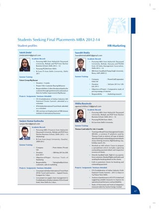 Students Seeking Final Placements MBA 2012-14
HR-Marketing

Student profiles
Sakshi Jindal

Saurabh Shukla

jindalsakshi4@gmail.com

Saurabhshukla8085@gmail.com

Academic Record:

Academic Record:

•• Pursuing MBA from Maharishi Dayanand

•• Pursuing MBA from Maharishi Dayanand

University, Rohtak and PGP from Skyline
Business School, Delhi 2012 – 14

University, Rohtak, Haryana and PGDM
from All India Management Association,
Delhi 2012 – 14

•• Pursuing PGDM from AIMA.

•• BBA from Awadhesh Pratap Singh University,

•• B.Com( P) from Delhi University, Delhi

Rewa, (MP) 2009-12

2011
Summer Training:

Summer Training:

•• Company	

Future Group-Big Bazaar

:	PowerGridCorporation

India Ltd

•• Duration - 5 weeks

•• Duration	

•• Project Title- Customer Buying Behavior

:	3rd June 2013 to 12th

July 2013

•• Responsibilities- Collect the data related to the

•• Objective of Project	:	Comparative study of

customer through questionnaires and analyze
them for further improvement Big Bazaar.

pricing strategy of internet
•• Responsibility	

:	Marketing research

Projects / Assignments / Seminars Attended:
•• CII (Confederation of Indian Industry) 6th

National Cluster Summit- attended as a
volunteer
•• IITM (India International Travel Mart)- attended

as a volunteer
•• HR conclave on Employment at FIIB( fortune

Shikha Basaiwala
agarwal.shikha110@gmail.com
Academic Record:
•• Pursuing MBA from Maharishi Dayanand

institute of international business)

University, Rohtak and PGP from Skyline
Business School, Delhi 2012 – 14
•• Pursuing PGDM from AIMA.

Sanjeev Kumar kushwaha

•• B.Com from Delhi University.

sanjay18oct@gmail.com

Summer Training:

Academic Record:
•• Pursuing MBA (Finance) from Maharishi

Dayanand University, Rohtak and PGP from
Skyline Business School, Delhi 2012 – 14
(Marketing)
•• B.Com from Jiwaji University, Gwalior,

2009-2012
Summer Training:
•• Company	

:	Prem Moters Private

Ltd.
•• Duration	

:	10th May 2013 to 25th

June 2013
•• Objective of Project	 :	V a r i o u s T o o l s o f

Marketing
•• Responsibility	

:	Taking feedback from
customers, sales  marketing

Projects / Assignments / Seminars Attended:
•• Live project at Indian International Travel Mart

Thomas Cook India Pvt. Ltd. (1 month)
•• Training in Broad Vision Management System

(BVMS), a common IT platform used by
Thomas Cook to retrieve all type of details
about booking  outstanding payment details
of any client eg. Invoices, flight booking, visa,
holiday search. Etc.
•• Worked on MIS where I have to prepare

a spreadsheet which includes capturing
outstanding payment detail and respective
invoices of clients.
•• Directly handled hotel, flight  visa queries

from customers. Booked flights and hotels and
sending the booking details to the clients.
•• Calls to potential clients for booking and

outstanding payment.
Projects / Assignments / Seminars Attended:
•• CII (Confederation of Indian Industry) Sixth

(IITM) Travel and tourism – Apparel house,
Gurgaon for 3 days.

National Cluster Summit – 2013 (2 days) in
Taj Palace New Delhi

•• Live project on supply chain management in

•• Analysis of performance of GATI Limited and

Confederation of Indian industry (CII) in Grand
hotel, New Delhi for 2 days.

suggesting suitable measures to improve its
operational performance and profitability
•• Study of Horizontal and Vertical Integration

measures taken by Suzlon Energy Limited

47

 