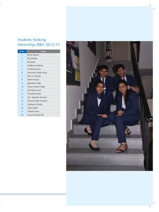 Students Seeking
Internships BBA 2012-15
Sl No.

Name

1

Richa Sharma

2

Raj Shekhar

3

Jilu.K.Job

4

Siddhant Sondhiya

5

Sandeep Kumar

6

Harsimran Singh Saluja

7

Irfan UL Quadir

8

Shishir Kumar

9

Jagmohan Singh

10

Shyam Mohan Singh

11

Md.Aftab Ansari

12

Priyanka Shukla

13

NG. Nganthoi Khuman

14

Hansraj Singh Chauhan

15

Stephanie Wuttke

16

Tripti Singhi

17

Utkarsh Arora

18

Gaurav Sharma PD

53

 