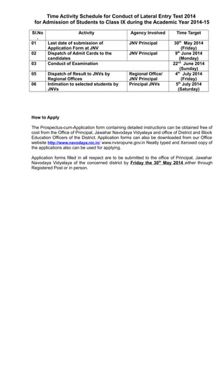Time Activity Schedule for Conduct of Lateral Entry Test 2014
for Admission of Students to Class IX during the Academic Year 2014-15
Sl.No
.
Activity Agency Involved Time Target
01 Last date of submission of
Application Form at JNV
JNV Principal 30th
May 2014
(Friday)
02 Dispatch of Admit Cards to the
candidates
JNV Principal 9th
June 2014
(Monday)
03 Conduct of Examination 22nd
June 2014
(Sunday)
05 Dispatch of Result to JNVs by
Regional Offices
Regional Office/
JNV Principal
4th
July 2014
(Friday)
06 Intimation to selected students by
JNVs
Principal JNVs 5th
July 2014
(Saturday)
How to Apply
The Prospectus-cum-Application form containing detailed instructions can be obtained free of
cost from the Office of Principal, Jawahar Navodaya Vidyalaya and office of District and Block
Education Officers of the District. Application forms can also be downloaded from our Office
website http://www.navodaya.nic.in/ www.nvsropune.gov.in Neatly typed and Xeroxed copy of
the applications also can be used for applying.
Application forms filled in all respect are to be submitted to the office of Principal, Jawahar
Navodaya Vidyalaya of the concerned district by Friday the 30th
May 2014 either through
Registered Post or in person.
 