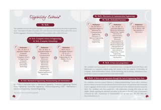Eligibility Criteria*                                                                    M. Tech. (Electronics & Communication Engineering)
                                                                                                                                      M. Tech. (Embedded Systems)

                                                       M. Tech.                                              1st        Preference                2nd      Preference              3rd       Preference
                                                                                                                      B.E. /B. Tech or                 B.E. / B. Tech. or                M. Sc. (Electronics) /
The candidate must have the qualifying degree as a regular student from any university recognized by               equivalent degree in             equivalent degree in                 M. Sc (Physics with
UGC / Association of Indian Universities (AIU) with minimum 55% marks (50% marks in the case of                        Electronics &               Electrical & Electronics               Specialization in
                                                                                                                     Communication                  Engineering / Applied                    Electronics)
SC/ST) in aggregate. Preference will be given to the candidates with a valid GATE score.                                                                  Electronics &
                                                                                                                       Engineering /         or                               or
                                                                                                                       Electronics &                   Instrumentation
                                                                                                                   Telecom Engineering                    Engineering /
                                M. Tech. (Computer Science & Engineering)                                                                                  Electronics
                                                                                                                       / Electronics
                                     M. Tech. (Computer Networking)                                                                                   Instrumentation &
                                                                                                                       Engineering.
                                                                                                                                                    Control Engineering /
                                                                                                                                                   Electrical Engineering /
     1st                                      2nd                              3rd                                                                    Instrumentation &
                Preference                            Preference                      Preference                                                    Control Engineering /
             B.E. / B. Tech. or                    B.E. / B. Tech. or               MCA / M. Sc.                                                       Instrumentation
           equivalent degree in                  equivalent degree in            (Computer Science)                                                 Engineering / Control
                 Computer                            Electronics &                  / M. Sc (I.T), /                                                      Engineering /
               Engineering /                       Communication                   M. Sc. (Software                                                Biomedical Engineering
            Computer Science            or           Engineering /        or     Engineering) /M. Sc.                                                   / Mechatronics.
             & Engineering /                          Electronics                  (Maths) / M. Sc.
                 Computer                            Engineering /                     (Physics)
               Technology /                           Electrical &                                                                        B. Tech. (A four-year programme)
                Information                           Electronics
                Technology.                          Engineering /                                      The candidate must have passed 10+2 examination from a recognized Board with Physics and
                                                     Electronics &                                      Mathematics as compulsory subjects along with anyone of the four subjects: (i) Chemistry, (ii)
                                                   Instrumentation
                                                                                                        Computer Science/Information Science, (iii) Bio-technology and (iv) Biology. Admissions to four-
                                                 Engineering/Electrical
                                                     Engineering.                                       year B.Tech. courses are made on the basis of the merit of AIEEE.


                                                                                                            B.Tech. (A three-year programme through the Lateral Engineering Entry Test)
                M. Tech. Mechanical Engineering (Manufacturing and Automation)
                                                                                                        The candidate must have passed Diploma in Engineering/Technology Course with a minimum
B.E / B.Tech or equivalent degree in Mechanical Engineering / Production Engineering / Thermal          duration of three years from Haryana Board of Technical Education or its equivalent with at least 60%
Power Engineering / Automobile Engineering / Robotics Engineering / CAD / Mechatronics /                marks in aggregate of all semesters in any branch mentioned in the Admission Brochure issued by
Aeronautical Engineering / Industrial Engineering.                                                      HSCS. The candidates who have passed B.Sc. with Mathematics securing 50% marks are also
                                                                                                        eligible. Details regarding the admission procedure on the basis of the LEET rank in Examination
*Any change for 2012-13 Session will be applicable.
                                                                                                        conducted by DTE, Government of Haryana/HSCS can be had from the DTE Web site:
14                                                                                                      http://techeduhry.nic.in.                                                                           15
 