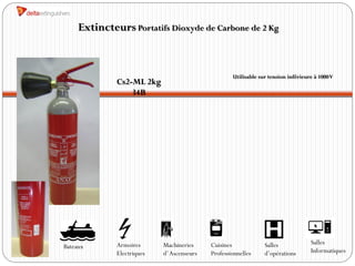 Extincteurs Portatifs Dioxyde de Carbone de 2 Kg



                                                    Utilisable sur tension inférieure à 1000 V
              Cs2-ML 2kg
                  34B




              Armoires      Machineries     Cuisines             Salles             Salles
Bateaux
              Electriques   d’ Ascenseurs   Professionnelles     d’opérations       Informatiques
 