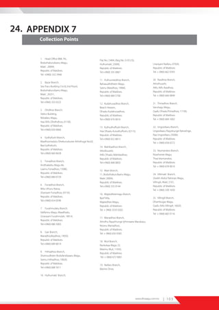 24. APPENDIX 7
      Collection Points


      1. Head Office BML Plc,
                                                    Flat No.13404, (Reg No. G10123),
      Boduthakurufaanu Magu,                                                                         Lhaviyani Naifaru, 07020,
                                                    Hulhumale’, 23000,
      Male’ , 20094,                                                                                 Republic of Maldives.
                                                    Republic of Maldives.
      Republic of Maldives.                                                                          Tel: + (960) 662 0393
                                                    Tel:+(960) 335 0067
      Tel: +(960) 332 2948

                                                    11. Hulhumeedhoo Branch,                         20. Rasdhoo Branch,
      2. Bazar Branch,                                                                               Atholhuvehi,
                                                    Bahaaudhdheen Magu,
      Sea Tracs Building (1st & 2nd Floor),                                                          Alifu Alifu Rasdhoo,
                                                    Seenu Meedhoo, 19060,
      Boduthakurufaanu Magu,                                                                         Republic of Maldives.
                                                    Republic of Maldives.
      Male’ , 20251,                                                                                 Tel: + (960) 666 0849
                                                    Tel:+(960) 689 5700
      Republic of Maldives.
      Tel:+(960) 333 0222                                                                            21. Thinadhoo Branch,
                                                    12. Kudahuvadhoo Branch,
                                                    Beach Heaven,                                    Varuhagu Magu,
      3. Dhidhoo Branch,                                                                             Gaafu DhaaluThinadhoo, 17100,
                                                    Dhaalu Kudahuvadhoo,
      Stelco Building,                                                                               Republic of Maldives.
                                                    Republic of Maldives.
      Niloafaru Magu,                                                                                Tel: + (960) 684 1002
                                                    Tel:+(960) 676 0616
      Haa Alifu Dhidhdhoo, 01100,
      Republic of Maldives.                                                                          22. Ungoofaaru Branch,
                                                    13. Kulhudhuffushi Branch,
      Tel:+(960) 650 0066                                                                            Ungoofaaru Rayyittunge Rahvehige,
                                                    Haa Dhaalu Kuludhuffushi, 02110,
                                                    Republic of Maldives.                            Raa Ungoofaaru, 05060,
      4. Eydhafushi Branch,                                                                          Republic of Maldives.
                                                    Tel:+(960) 652 8813
      Maalhosmadulu Dhekunuburee Atholhuge No.02,                                                    Tel: + (960) 658 0272
      Baa Eydhafushi,
                                                    14. Mahibadhoo Branch,
      Republic of Maldives.                                                                          23. Veymandoo Branch,
                                                    Atholhuvehi,
      Tel:+(960) 660 8428                                                                            Roashanee Magu,
                                                    Alifu Dhaalu Mahibadhoo,
                                                    Republic of Maldives.                            Thaa Veymandoo,
      5. Fonadhoo Branch,                                                                            Republic of Maldives.
                                                    Tel:+(960) 668 0850
      Andhaleebu Magu 66,                                                                            Tel: + (960) 678 0610
      Laamu Fonadhoo, 15080,
                                                    15. Main Branch,
      Republic of Maldives.                                                                          24. Villimale’ Branch,
                                                    11, Boduthakurufaanu Magu,
      Tel:+(960) 680 0729                                                                            Sheikh Abdul Rahman Magu,
                                                    Male’, 20094,
                                                    Republic of Maldives.                            Villingili, Male’, 2101,
      6. Funadhoo Branch,                                                                            Republic of Maldives.
                                                    Tel:+(960) 333 0144
      Mila Uthuru Keesa,                                                                             Tel: + (960) 339 1650
      Shaviyani Funadhoo, 03150,
                                                    16. Majeedheemagu Branch,
      Republic of Maldives.                                                                          25. Villingili Branch,
                                                    Banf Villa,
      Tel:+(960) 654 0596                                                                            Dhambugas Magu,
                                                    Majeedhee Magu,
                                                    Republic of Maldives.                            Gaafu Alifu Villingili, 16020,
      7. Fuvahmulaku Branch,                                                                         Republic of Maldives.
                                                    Tel: + (960) 3333 0202
      Valifannu Magu, Maadhadu,
                                                                                                     Tel: + (960) 682 0116
      Gnaviyani Fuvahmulah, 18014,
                                                    17. Manadhoo Branch,
      Republic of Maldives.
                                                    Atholhu Rayyithunge Ijthimaaee Marukazu,                                 ACRONYMS
      Tel:+(960) 686 5003
                                                    Noonu Manadhoo,
                                                    Republic of Maldives.
      8. Gan Branch,
                                                    Tel: + (960) 656 0583
      Maradhoofeydhoo, 19050,
      Republic of Maldives.
                                                    18. Muli Branch,
      Tel:+(960) 689 8014
                                                    Rankokaa Magu 22,
                                                    Meemu Muli, 11050,
      9. Hithadhoo Branch,
                                                    Republic of Maldives.
      Shamsudheen Bodufandiyaaru Magu,
                                                    Tel: + (960) 672 0001
      Seenu Hithadhoo, 19020,
      Republic of Maldives.
                                                    19. Naifaru Branch,
      Tel:+(960) 688 5011
                                                    Marine Drive,

      10. Hulhumale’ Branch,




                                                                                       www.dhiraagu.com.mv     | 103
 
