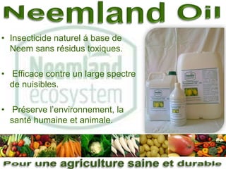 Neemland Oil Insecticide naturel á base de Neem sans résidus toxiques.  Efficace contre un large spectre de nuisibles.  Préserve l’environnement, la santé humaine et animale. Pour une agriculture saine et durable 