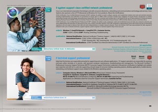 more information available @ open day/s or visit your nearest campus

                                                                                                                           it system support: cisco certified network professional
                                                                                                                           Cisco is an international corporation that designs and sells consumer electronics, networking and communications technology and services. Cisco
                                                                                                                           Systems also sponsors a line of IT Professional certifications for Cisco products. About the Certifications:
                                                                                                                           CCNA Certification: Cisco Certified Network Associate (CCNA®) validates the ability to install, configure, operate, and troubleshoot medium-size route and switched networks,
                                                                                                                           including implementation and verification of connections to remote sites in a WAN. CCNA curriculum includes basic mitigation of security threats, introduction to wireless
                                                                                                                           networking concepts and terminology, and performance-based skills. This new curriculum also includes (but is not limited to) the use of these protocols: IP, Enhanced Interior
                                                                                                                           Gateway Routing Protocol (EIGRP), Serial Line Interface Protocol Frame Relay, Routing Information Protocol Version 2 (RIPv2),VLANs, Ethernet, access control lists (ACLs).
                                                                                                                           CCNP Certification: Cisco Certified Network Professional (CCNP®) validates the ability to plan, implement, verify and troubleshoot local and wide-area enterprise networks and
                                                                                                                           work collaboratively with specialists on advanced security, voice, wireless and video solutions. The CCNP certification is appropriate for those with at least one year of networking
                                                                                                                           experience who are ready to advance their skills and work independently on complex network solutions. Those who achieve CCNP have demonstrated the skills required in
                                                                                                                           enterprise roles such as network technician, support engineer, systems engineer or network engineer. http://www.cisco.com

                                                                                                                           subjects: Windows 7, CompTIA Network +, CompTIA CTP+, Customer Service,
                                                                                                                                     CCNA®: ICDN1, ICDN2, CCNP®: Routing, Switching, Troubleshooting

                                                                                                                           qualifications: National Qualification: National Certificate: IT Systems Support | SAQA ID: 48573 | NQF 5 | 147 Credits
                                                                                                                                           International Exam/s: CCNA®: ICDN1, ICDN2, Exam: 640 - 802;
                                                                                                                                                                   CCNP®: Routing: 642 - 902, Switching 642 - 813, Troubleshooting 642 - 832
                                                                                                                                           International Certification/s: CCNA® (Certified Cisco Network Administrator) CCNP® (Certified Cisco Network Professional)
                                                                                                                                                                                                                                                                           job opportunities:
                                                                                                                                                                                                                                Network Associate, Network Professional, Network Engineer,
                                                                                                National Senior Certificate (Grade 12), Mathematics                                                                Sales Engineer, Hardware Engineer, Software Engineer, Telecoms Engineer,
                                                                                                                                                                                                                                    Security Engineer, Storage Engineer, Solutions Specialists
                                                                                                                                                                                                                                                                                             (Suggestions Only)



                                                                                                                          it technical support: professional
                                                                                                                          Help Desk Technicians are responsible primarily for supporting end-user software applications. PC Support specialists are responsible for assisting
                                                                                                                          end-users either remotely or in person, with personal computer maintenance, troubleshooting and management. The Microsoft Certified IT
                                                                                                                          Professional: Consumer Support Technician (MCITP: Consumer Support Technician) credential is the premier certification to highlight and validate
                                                                                                                          your expertise and skill set in a job role supporting a broad range of consumer desktop operating systems, desktop applications, mobile devices,
                                                                                                                          networking, and hardware support issues related to the Windows operating system.

                                                                                                                          subjects: Computer Literacy, Windows 7, Microsoft Office (Word, Excel, Outlook, Access, Powerpoint)
                                                                                                                                    CompTIA A+ Hardware, CompTIA A+ Software, CompTIA Network +
                                                                                                                                    MCTS: 70-680 TS: Microsoft Windows Configuring, MCITP: 70-686 PRO: Supporting and Troubleshooting
                                                                                                                                    Applications on a Windows Client for Consumer Support Technicians, Customer Service

                                                                                                                          qualifications: National Qualification: National Certificate: IT Technical Support | SAQA ID: 78964 | NQF 4 | 163 Credits
                                                                                                                                          International Exam/s: CompTIA A+ Hardware, CompTIA A+ Software, MCTS 70-680 TS, MCITP 70-686 PRO
                                                                                                                                          International Certification/s: CompTIA A+, Microsoft Certified Technology Specialist (MCTS),
                                                                                                                                                                         Microsoft Certified IT Professional (MCITP): Consumer Support Technician

                                                                                                                                                                                                                                                               job opportunities:
                                                                                                                                                       Computer Technician, Support Technician, Network Technician, IT Helpdesk Agent, IT Sales, Desktop Technician, Entrepreneur
                                                                                                                                                                                                                                                                                             (Suggestions Only)
                                                                                                National Senior Certificate (Grade 12)




                                                                                                                                                                                                                                                                                                           09
on of CTU Training Solutions (PTY) Ltd reserves the right to change the programme content without prior notice. Additional international exams may be written but are not included in the programme fee.
 