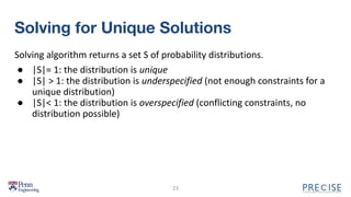 Solving for Unique Solutions
Solving algorithm returns a set S of probability distributions.
● |S|= 1: the distribution is unique
● |S| > 1: the distribution is underspecified (not enough constraints for a
unique distribution)
● |S|< 1: the distribution is overspecified (conflicting constraints, no
distribution possible)
23
 