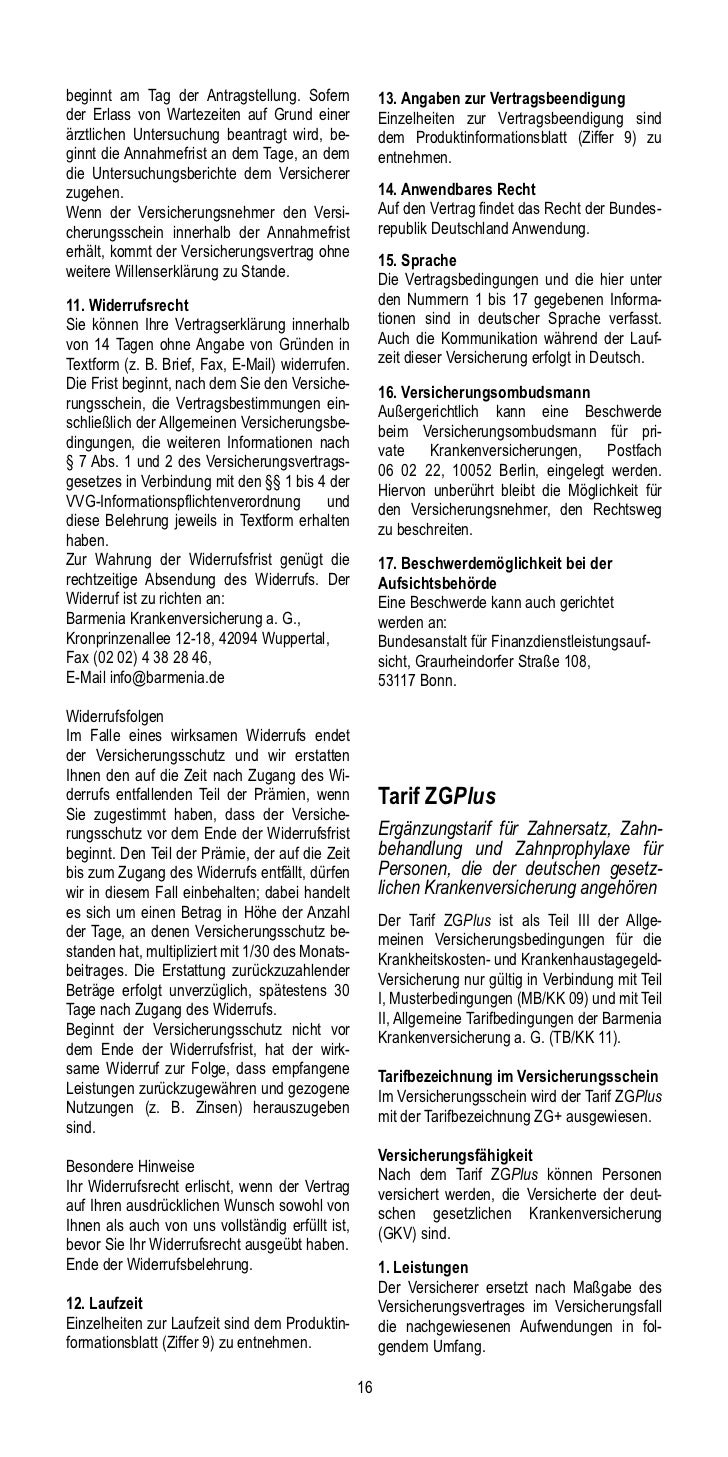 Barmenia Zahnerganzungsversicherung Tarif Zg
