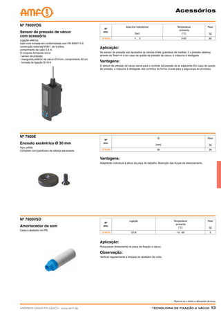 Reserva-se o direito a alterações técnicas.
ANDREAS MAIER FELLBACH ∙ www.amf.de Tecnologia de fixação a vácuo  13
Acessórios
Aplicação:
No sensor de pressão são ajustados os valores limite (grandeza de medida: 2 x pressão relativa)
através do Teach-In e em caso de queda da pressão de vácuo, a máquina é desligada.
Vantagens:
O sensor de pressão de vácuo serve para o controle da pressão de ar adjacente. Em caso de queda
de pressão, a máquina é desligada. Isto contribui de forma crucial para a segurança do processo.
Ligação elétrica:
cabo com tomada em conformidade com EN 60947-5-2,
construção redonda M 8x1, de 4 pólos,
comprimento de cabo 0,3 m.
O conjunto fornecido inclui:
- sensor de pressão
- mangueira exterior de vácuo Ø 4 mm, comprimento 30 cm
- tomada de ligação G1/8-4
Sensor de pressão de vácuo
com acessório
Nº 7800VDS
Nº
enc.
Área dos indicadores
[bar]
Temperatura
ambiente
[°C]
Peso
[g]
374520 -1 ... 0 0-50 80
Nº
enc.
Ø
[mm]
Peso
[g]
374538 30 26
Aço, polido.
Completo com parafusos de cabeça escareada.
Encosto excêntrico Ø 30 mm
Nº 7800E
Vantagens:
Adaptação individual à altura da peça de trabalho. Absorção das forças de deslocamento.
Aplicação:
Rosqueável diretamente na placa de fixação a vácuo.
Observação:
Verificar regularmente a limpeza do abafador de ruído.
Caixa e abafador em PE.
Amortecedor de som
Nº 7800VSD
Nº
enc.
Ligação Temperatura
ambiente
[°C]
Peso
[g]
374579 G1/8 -10 - 60 5
 