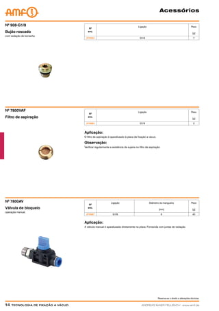 Reserva-se o direito a alterações técnicas.
14  Tecnologia de fixação a vácuoANDREAS MAIER FELLBACH ∙ www.amf.de
Acessórios
Nº
enc.
Ligação Peso
[g]
374553 G1/8 7
com vedação de borracha
Bujão roscado
Nº 908-G1/8
Filtro de aspiração
Nº 7800VAF
Nº
enc.
Ligação Peso
[g]
374884 G1/8 2
Aplicação:
O filtro de aspiração é aparafusado à placa de fixação a vácuo.
Observação:
Verificar regularmente a existência de sujeira no filtro de aspiração.
Aplicação:
A válvula manual é aparafusada diretamente na placa. Fornecida com juntas de vedação.
operação manual.
Válvula de bloqueio
Nº 7800AV
Nº
enc.
Ligação Diâmetro da mangueira
[mm]
Peso
[g]
374587 G1/8 6 40
 