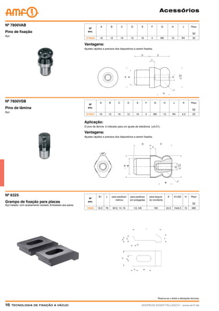 Reserva-se o direito a alterações técnicas.
16  Tecnologia de fixação a vácuoANDREAS MAIER FELLBACH ∙ www.amf.de
Acessórios
Vantagens:
Ajustes rápidos e precisos dos dispositivos a serem fixados.
Aplicação:
O pino de lâmina é indicado para um ajuste de tolerância (±0,01).
Vantagens:
Ajustes rápidos e precisos dos dispositivos a serem fixados.
Aço
Pino de lâmina
Nº 7800VSB
Aço
Pino de fixação
Nº 7800VAB
Nº
enc.
A B C D E F G H J Peso
[g]
374629 16 12 16 12 16 4 M5 10 R4 30
Nº
enc.
A B C D E F G H J K Peso
[g]
374637 16 12 16 12 16 4 M5 10 R4 4,3 23
Nº
enc.
B1 L para parafuso
métrico
para parafuso
em polegadas
para largura
do mordente
A A1xA2 H Peso
[g]
74682 16,5 78 M12, 14, 16 1/2, 5/8 100 22,5 10x5,5 15 685
Aço tratado, com acabamento oxidado. Embalado aos pares.
Grampo de fixação para placas
Nº 6325
 