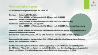 In unserem Technologiemix erzeugen wir Strom aus
Biomasse Kosten 0,1217 € je kWh
Ertrag 0,1366 € je kWh garantiert für 20 Jahre nach EEG 2014
Expansion Kosten 0,0620 € je kWh
Ertrag 0,1366 € je kWh garantiert für 20 Jahre nach EEG 2014 für 50 kW
Geothermie Kosten maximal 0,1466 € je kWh
Ertrag 0,2520 € je kWh garantiert für 20 Jahre nach EEG 2014 ohne Mengenbegrenzung
Der Bedarf für den Verbraucher vor Ort und für die Pumpenleistung der Anlage wird entweder durch
Expansion oder Biomasse bedient.
Damit stehen einem Ertrag von 0,1400 € je kWh Kosten von maximal 0,12 € je kWh entgegen.
Der monatliche Ertrag einer Standardanlage (200 kW) beträgt bei Berücksichtigung aller anfallenden
Kosten (inkl. Finanzierung) 10.987,20 €.
Die Abwärmenutzung der Industrie im Überlassungsvertrag verursacht Kosten ab 0,0283 € je kWh.
Ein ROI kleiner 7 Jahre führt zu Kosten von ca. 0,068 € je kWh, ohne Berücksichtigung der einsgesparten
Kosten zur Kühlung. Vertragliche Regelungen (damit Sicherheit) für mindestens 10 Jahre.
Wirtschaftliche Aspekte
 