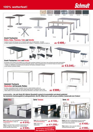 100% wetterfest!

                                                                                                   Giallo Veneziano    Paradiso Bash        Saphir Brown      Serizzo          Azul Noce        Nero Africa      Nero Simbabwe




           Bistro
                                                                                        Soleille

                                        Tubo




                                                                                                                                       Thomaso
  Granit-Tischserien
  Bistro, Kubo, Thomaso, Tubo und Soleille                                                                                                                                                       Kubo

                                                                                                                                                  € 499,-
  Granittische veredeln jede Sitzgruppe! Sei es mit Edelstahl-Sesseln oder mit Geflechtmöbeln – die Vielfalt
  an Größen, Gestellen und Granitsorten lässt keine Wünsche offen. Erhältlich in 7 Granitsorten von 80x80 bis 100x240 cm.                 ab




  Granit-Tischserien Linea und Arcada
  Die Sensation aus der Schweiz! Das ist Hightech pur: Es gibt ab sofort ausziehbare Granittische! Für die Serien Linea und Arcada wurden jeweils unterschiedliche
  Lösungen für die Lagerung und Benutzung der Verlängerungsplatte(n) gefunden. Schwere Granitplatten können nun kinderleicht bewegt und verstaut werden
  – in Größen von 180/250x95 cm bis 240/310x100 cm (Linea) und 145/270x90 bis 220/360x90 cm (Arcada).
  In vielen exklusiven Granitsorten erhältlich.                                                                                                            ab      € 3.545,-




  Edelstahl-Tischserie
  Manhattan mit Keramik-Platten
  Die nahezu unverwüstlichen Keramik-Tischplatten sind nicht nur absolut wetterfest, sondern auf
  Grund ihrer außergewöhnlichen Härte auch extrem resistent gegen Verkratzen. Feststehende Größen: 90x90,
  160x90, 200x90 cm oder als Ausziehtisch 150/210x90 sowie 200/260x90 cm. Alle Größen in weiß und anthrazit.               ab          € 999,-
conmoto – das sehr flache HPL-Material (Kunststoff-Laminat) ist unverwüstlich und absolut wetterfest!
Das technische Erscheinungsbild ist außergewöhnlich. Alle HPL-Möbel sind in weiß und grau erhältlich. Sondermaße kein Problem!

  Serie Riva                                                                  Serie Tension                                                                 Serie JIG




Bank. Gradlinig, hell und über jedes Wetter erhaben. Erhältlich mit            Bank. 220 cm mit Teakholzstrebe,
                                                                                                                       ab      € 725,-                     Sessel. Sieht nicht nur außergewöhnlich aus! Durch spezielle
und ohne Rückenlehne in Längen von
                                            ab     € 510,-                     mit und ohne Rückenlehne.                                                   Einfräsungen im Sitz- und Rücken federt das Material und
176 oder 216 cm.
Tisch. Die passenden Tische zur mehrfach ausgezeichneten Serie.
                                                                               Tisch. 220x90 cm mit
                                                                               Teakholzstrebe.                        ab   € 1.250,-
                                                                                                                                                           sorgt für optimale Bequemlichkeit.
                                                                                                                                                                                                        ab    € 450,-
Erhältlich in Längen von 180 oder 220 cm – so dass die Bänke                                                                                               Tisch. Erhältlich in 130 cm rund oder 200x90 cm
darunter geschoben werden können.
                                            ab     € 930,-                          conmoto Ausstellung
                                                                                                                      en in                                rechteckig (Sondermaße möglich).
                                                                                                                                                                                                        ab    € 990,-
                                                                                                                     berg!
                                                                                    Neu- . s nburg und Hirsch
                                                                                    w w wIsec h m i d t - a m b i e n t e . d e                                                                                                  7
 