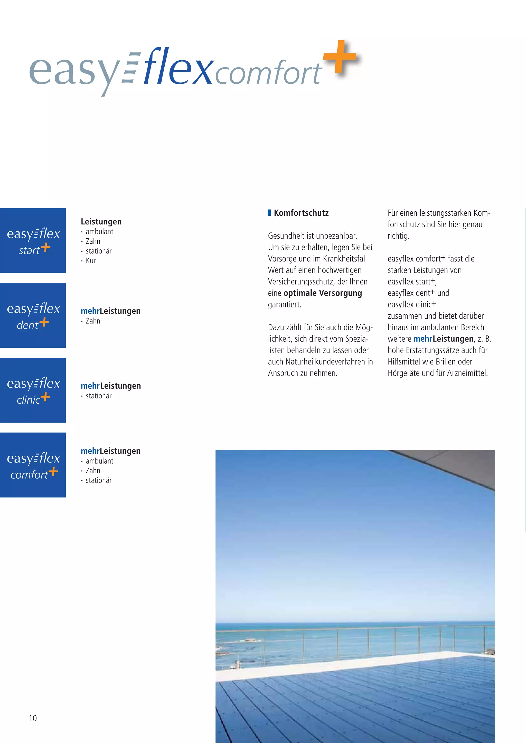 comfort



                                Komfortschutz                      Für einen leistungsstarken Kom-
          Leistungen                                               fortschutz sind Sie hier genau
          ·   ambulant
                               Gesundheit ist unbezahlbar.         richtig.
          ·   Zahn
 start    ·   stationär        Um sie zu erhalten, legen Sie bei
          ·   Kur              Vorsorge und im Krankheitsfall      easyflex comfort+ fasst die
                               Wert auf einen hochwertigen         starken Leistungen von
                               Versicherungsschutz, der Ihnen      easyflex start+,
                               eine optimale Versorgung            easyflex dent+ und
                               garantiert.                         easyflex clinic+
          mehrLeistungen
                                                                   zusammen und bietet darüber
          · Zahn
 dent                          Dazu zählt für Sie auch die Mög-    hinaus im ambulanten Bereich
                               lichkeit, sich direkt vom Spezia-   weitere mehr Leistungen, z. B.
                               listen behandeln zu lassen oder     hohe Erstattungssätze auch für
                               auch Naturheilkundeverfahren in     Hilfsmittel wie Brillen oder
                               Anspruch zu nehmen.                 Hörgeräte und für Arzneimittel.
          mehr Leistungen
          · stationär
 clinic



          mehrLeistungen
          · ambulant
          · Zahn
comfort   · stationär




    10
 