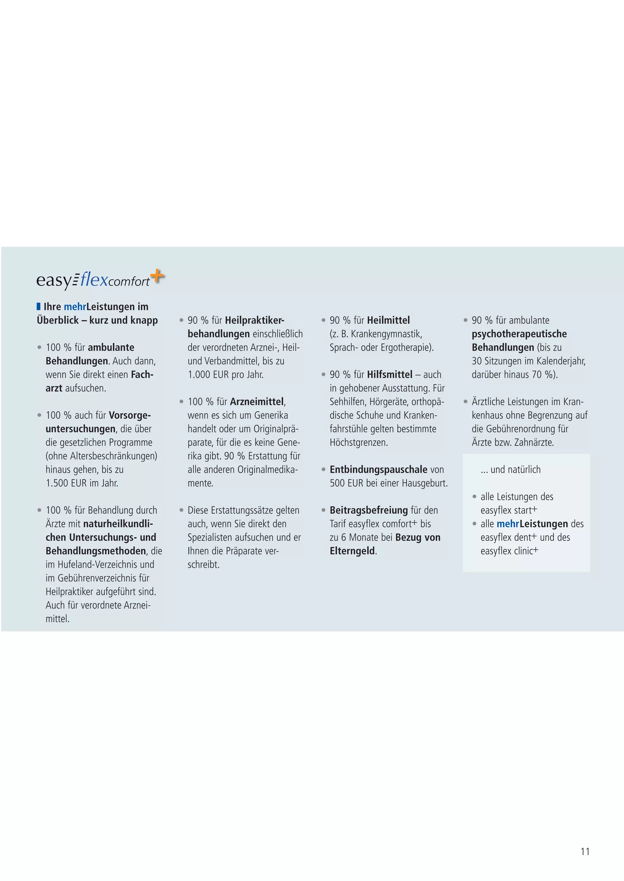 Ihre mehrLeistungen im
Überblick – kurz und knapp         • 90 % für Heilpraktiker-          • 90 % für Heilmittel              • 90 % für ambulante
                                     behandlungen einschließlich        (z. B. Krankengymnastik,           psychotherapeutische
• 100 % für ambulante                der verordneten Arznei-, Heil-     Sprach- oder Ergotherapie).        Behandlungen (bis zu
  Behandlungen. Auch dann,           und Verbandmittel, bis zu                                             30 Sitzungen im Kalenderjahr,
  wenn Sie direkt einen Fach-        1.000 EUR pro Jahr.              • 90 % für Hilfsmittel – auch        darüber hinaus 70 %).
  arzt aufsuchen.                                                       in gehobener Ausstattung. Für
                                   • 100 % für Arzneimittel,            Sehhilfen, Hörgeräte, orthopä-   • Ärztliche Leistungen im Kran-
• 100 % auch für Vorsorge-           wenn es sich um Generika           dische Schuhe und Kranken-         kenhaus ohne Begrenzung auf
  untersuchungen, die über           handelt oder um Originalprä-       fahrstühle gelten bestimmte        die Gebührenordnung für
  die gesetzlichen Programme         parate, für die es keine Gene-     Höchstgrenzen.                     Ärzte bzw. Zahnärzte.
  (ohne Altersbeschränkungen)        rika gibt. 90 % Erstattung für
  hinaus gehen, bis zu               alle anderen Originalmedika-     • Entbindungspauschale von             ... und natürlich
  1.500 EUR im Jahr.                 mente.                             500 EUR bei einer Hausgeburt.
                                                                                                           • alle Leistungen des
• 100 % für Behandlung durch       • Diese Erstattungssätze gelten    • Beitragsbefreiung für den            easyflex start+
  Ärzte mit naturheilkundli-         auch, wenn Sie direkt den          Tarif easyflex comfort+ bis        • alle mehr Leistungen des
  chen Untersuchungs- und            Spezialisten aufsuchen und er      zu 6 Monate bei Bezug von            easyflex dent+ und des
  Behandlungsmethoden, die           Ihnen die Präparate ver-           Elterngeld.                          easyflex clinic+
  im Hufeland-Verzeichnis und        schreibt.
  im Gebührenverzeichnis für
  Heilpraktiker aufgeführt sind.
  Auch für verordnete Arznei-
  mittel.




                                                                                                                                      11
 