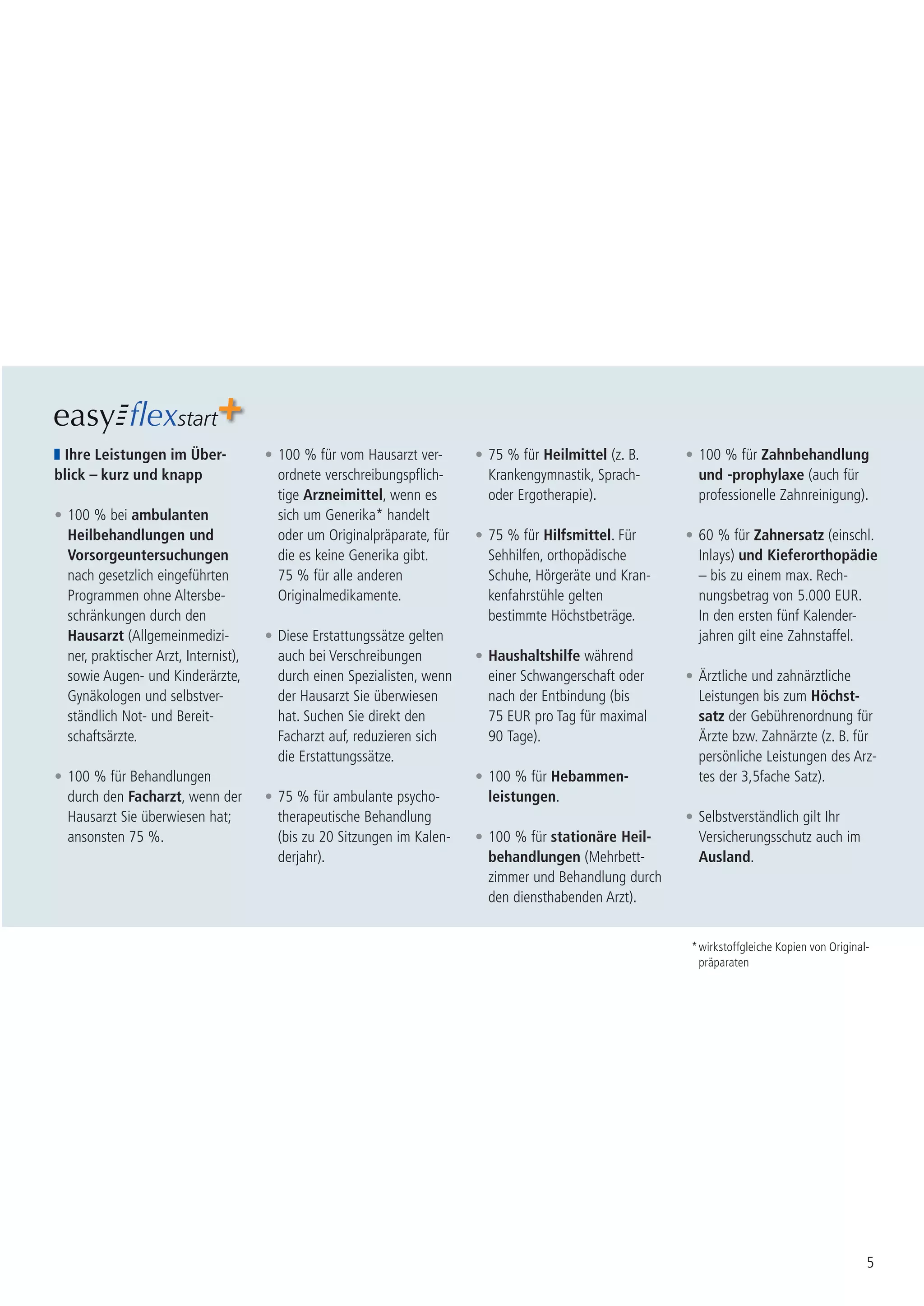Ihre Leistungen im Über-              • 100 % für vom Hausarzt ver-      • 75 % für Heilmittel (z. B.    • 100 % für Zahnbehandlung
blick – kurz und knapp                   ordnete verschreibungspflich-      Krankengymnastik, Sprach-       und -prophylaxe (auch für
                                         tige Arzneimittel, wenn es         oder Ergotherapie).             professionelle Zahnreinigung).
• 100 % bei ambulanten                   sich um Generika* handelt
  Heilbehandlungen und                   oder um Originalpräparate, für   • 75 % für Hilfsmittel. Für     • 60 % für Zahnersatz (einschl.
  Vorsorgeuntersuchungen                 die es keine Generika gibt.        Sehhilfen, orthopädische        Inlays) und Kieferorthopädie
  nach gesetzlich eingeführten           75 % für alle anderen              Schuhe, Hörgeräte und Kran-     – bis zu einem max. Rech-
  Programmen ohne Altersbe-              Originalmedikamente.               kenfahrstühle gelten            nungsbetrag von 5.000 EUR.
  schränkungen durch den                                                    bestimmte Höchstbeträge.        In den ersten fünf Kalender-
  Hausarzt (Allgemeinmedizi-           • Diese Erstattungssätze gelten                                      jahren gilt eine Zahnstaffel.
  ner, praktischer Arzt, Internist),     auch bei Verschreibungen         • Haushaltshilfe während
  sowie Augen- und Kinderärzte,          durch einen Spezialisten, wenn     einer Schwangerschaft oder    • Ärztliche und zahnärztliche
  Gynäkologen und selbstver-             der Hausarzt Sie überwiesen        nach der Entbindung (bis        Leistungen bis zum Höchst-
  ständlich Not- und Bereit-             hat. Suchen Sie direkt den         75 EUR pro Tag für maximal      satz der Gebührenordnung für
  schaftsärzte.                          Facharzt auf, reduzieren sich      90 Tage).                       Ärzte bzw. Zahnärzte (z. B. für
                                         die Erstattungssätze.                                              persönliche Leistungen des Arz-
• 100 % für Behandlungen                                                  • 100 % für Hebammen-             tes der 3,5fache Satz).
  durch den Facharzt, wenn der         • 75 % für ambulante psycho-         leistungen.
  Hausarzt Sie überwiesen hat;           therapeutische Behandlung                                        • Selbstverständlich gilt Ihr
  ansonsten 75 %.                        (bis zu 20 Sitzungen im Kalen-   • 100 % für stationäre Heil-      Versicherungsschutz auch im
                                         derjahr).                          behandlungen (Mehrbett-         Ausland.
                                                                            zimmer und Behandlung durch
                                                                            den diensthabenden Arzt).


                                                                                                           * wirkstoffgleiche Kopien von Original-
                                                                                                             präparaten




                                                                                                                                                 5
 