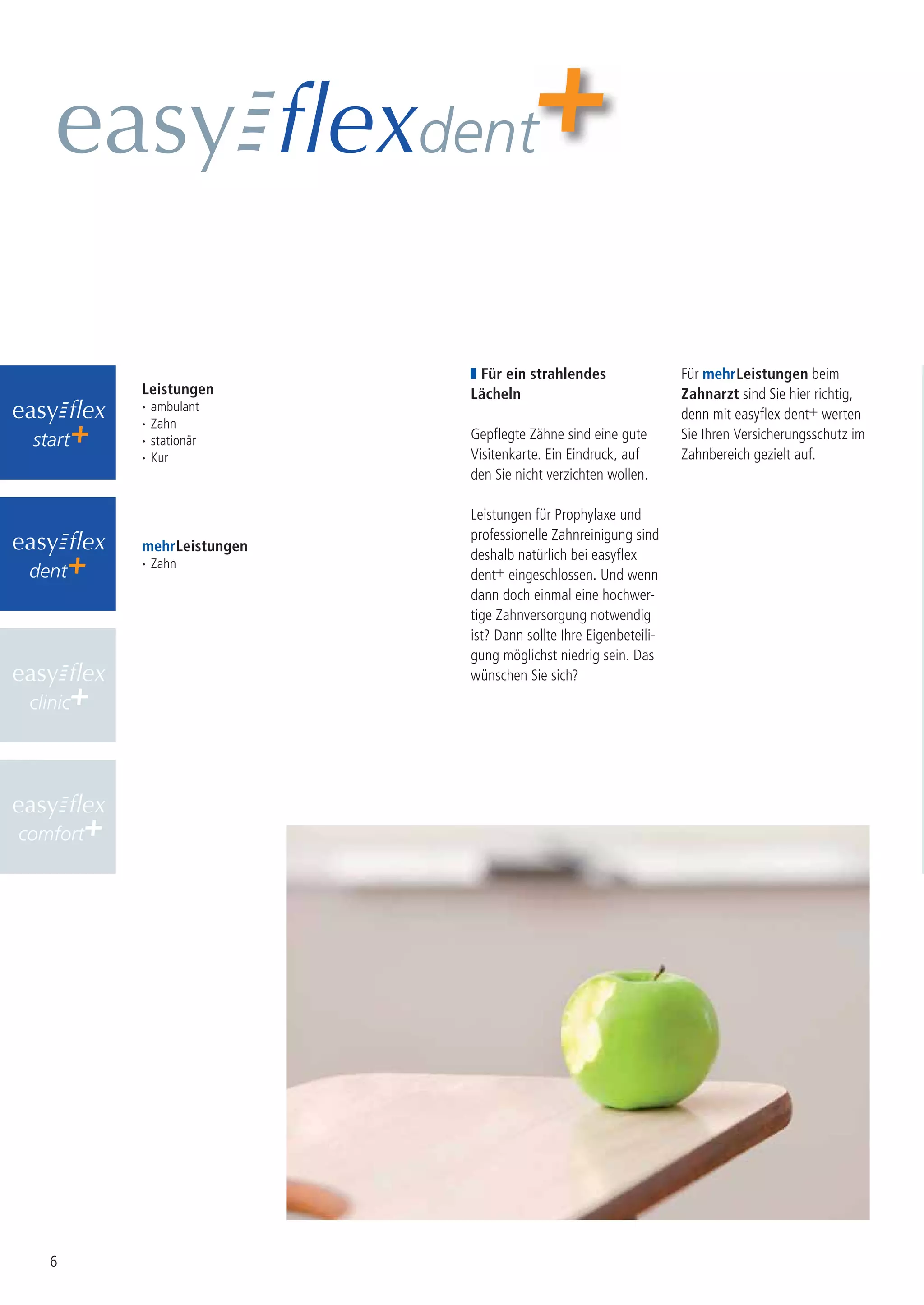 dent


                              Für ein strahlendes                  Für mehr Leistungen beim
          Leistungen         Lächeln                               Zahnarzt sind Sie hier richtig,
          ·   ambulant
                                                                   denn mit easyflex dent+ werten
          ·   Zahn
 start    ·   stationär      Gepflegte Zähne sind eine gute        Sie Ihren Versicherungsschutz im
          ·   Kur            Visitenkarte. Ein Eindruck, auf       Zahnbereich gezielt auf.
                             den Sie nicht verzichten wollen.

                             Leistungen für Prophylaxe und
                             professionelle Zahnreinigung sind
          mehr Leistungen
                             deshalb natürlich bei easyflex
          · Zahn
 dent                        dent+ eingeschlossen. Und wenn
                             dann doch einmal eine hochwer-
                             tige Zahnversorgung notwendig
                             ist? Dann sollte Ihre Eigenbeteili-
                             gung möglichst niedrig sein. Das
                             wünschen Sie sich?
 clinic




comfort




    6
 