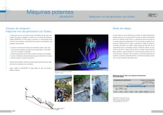 2 3
La experiencia en obra nos enseña que las acometidas para gas, agua, elec-
tricidad, fibra óptica y desagües, se realizan con la máquina de perforación
dirigida GRUNDOPIT de forma rápida y económica. En perforaciones hasta
el interior de los edificios, la perforación de la pared se inpermeabiliza. Esta
operación merece la pena,
•	 Cuando por condiciones del terreno (en pendientes fuertes, raices, bajo 	
muros de jardin, escaleras, terrazas) la obra a zanja abierta u otros siste-
mas, son muy difíciles o imposibles,
•	 Cuando las superficies de las calles o jardines no pueden ser arrancadas,
•	 Cuando la densidad de tuberías paralelas exiga una perforación controlada,
•	 Cuando el espacio no deje otra alternativa.
Además de acometidas, tambien se pueden realizar perforaciones por deba-
jo de caminos, pequeños ríos y estanques.
Segun modelos, el GRUNDOPIT se dirige desde una cala, una arqueta o
desde un Keyhole..
Campos de utilización:
máquinas mini de perforación con fluidos.
Longitudes de perforación
5 10 15 20 25 ≤ 30 ≤ 50 m ...
Máquinas de perforación
horizontal dirigida
Topos
Máquinas mini de perforación
horizontal dirigida
Máquina mini de perforación con fluidos
GRUNDOPIT Power
El GRUNDOPIT Power durante la rea-
lización de una acometida en una pen-
diente (10-30 %), una longitud de 34 m
y una profundidad de 1,40 -1,70 m
Modo de trabajo
Con las máquinas mini de perforación con fluidos, se realizan perforaciones
dirigidas. Igual que en las máquinas HDD, primero se realiza una perforación
piloto de un diámetro de 58 ó 80 mm. La perforación piloto se controla con
un equipo habitual de sonda/receptor. El tiro de la tubería se realiza con los
accesorios habituales de tiro. Segun la perforación, modelo de máquina y
condiciones del terreno, se pueden instalar tuberías de hasta DN 150 sin
necesidad de hacer una escariación anterior. El diámetro máximo de esca-
riación es de 220 mm. Segun tipos de terreno se utilizan fluidos a base de
agua y polímeros o agua y bentonita. En muchos casos es suficiente con una
mezcla de agua y polímeros. Para los fluidos con bentonita disponemos de
la potente y compacta mezcladora MA 09. Los tiempos de montaje, perfora-
ción y tiro de la tubería es de escasas horas.
Diferencias entre el Topo y las máquinas de perforación
horizontal dirigida
Máquinas potentes
GRUNDOPIT Máquinas mini de perforación con fluidos
 
