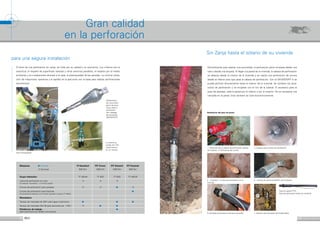 12 13
1. Detección de la cabeza de perforación delante
de la pared 2. Perforación de corona
3. Espacio para la lanza de perforación
4. „Introducir“ la lanza de perforación en la
vivienda
5. Cambio de herramientas/Tiro de la tubería
6. Montaje del accesorio de paso de pared
Normalmente para realizar una acometida, la perforación piloto empieza desde una
cala o desde una arqueta. Al llegar a la pared de la vivienda, la cabeza de perforación
se detecta desde el interior de la vivienda y se realiza una perforación de corona
desde el interior para que pase la cabeza de perforación. Con el GRUNDOPIT K se
puede perforar directamente hasta el interior de la vivienda. Se cambian los acce-
sorios de perforación y se empieza con el tiro de la tubería. El accesorio para el
paso de paredes, sella la pared por el interior y por el exterior. No es necesaria una
trampilla en la pared. Esto tambien se nota económicamente.
La tubería se
puede tirar indi-
vidualmente o
en un manojo.
Fácil manipulación.
Disponemos
de una amplia
gama de acce-
sorios para la
perforación
(ver cataloga
de accesorios
GRUNDOPIT).
7. Ejemplo de acometida terminada (Gas)
Gran calidad
en la perforación
Máquinas 	 ● Estándar	PI Standard	PIT Power	PIT Schacht	PIT Keyhole
	 ❍ Opcional	 600 Nm	 1000 Nm	 1000 Nm	 900 Nm
Grupo hidráulico 	 TT M9-40	 TT B20	 TT B20	 TT M9-25
Lanza de perforación en roca	 ❍	 ❍	 ❍
(Compresor neumático, 1,3 m3 de caudal)
Corona de perforación para paredes 	 ❍	 ❍	 ●	 ❍
Corona de perforación para Keyhole				 ●
(Funcionamiento hidráulico con el camión aspirador o el grupo TT M9-25)	
Mezcladora
Tanque de mezclado de 200 l para agua / polímeros	 ●		 ●	 ●
Tanque de mezclado MA 09 para bentonita de 1100 l 	 ❍	 ●	 ●
Plataforma de trabajo 			 ●
para perforaciones desde una arqueta
			
Paso de pared FTTH
Paso de pared para todos los sectores
El éxito de una perforación sin zanja, se mide por su calidad y su economia. Los criterios son la
exactitud, el respeto de superficies valiosas y otros servicios paralelos, el respeto por el medio
ambiente y en instalaciones directas a la casa, la estanqueidad de las paredes. La mínima utiliza-
ción de maquinaria, operarios y la rapidez en la ejecución son la base para realizar perforaciones
económicas.
para una segura instalación
Sin Zanja hasta el sótano de su vivienda
Realización del paso de pared:
 