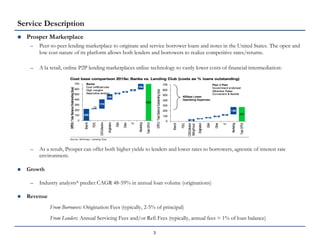  Prosper Marketplace
– Peer-to-peer lending marketplace to originate and service borrower loans and notes in the United States. The open and
low cost nature of its platform allows both lenders and borrowers to realize competitive rates/returns.
– A la retail, online P2P lending marketplaces utilize technology to vastly lower costs of financial intermediation:
– As a result, Prosper can offer both higher yields to lenders and lower rates to borrowers, agnostic of interest rate
environment.
 Growth
– Industry analysts* predict CAGR 48-59% in annual loan volume (originations)
 Revenue
From Borrowers: Origination Fees (typically, 2-5% of principal)
From Lenders: Annual Servicing Fees and/or Refi Fees (typically, annual fees = 1% of loan balance)
3
Service Description
 