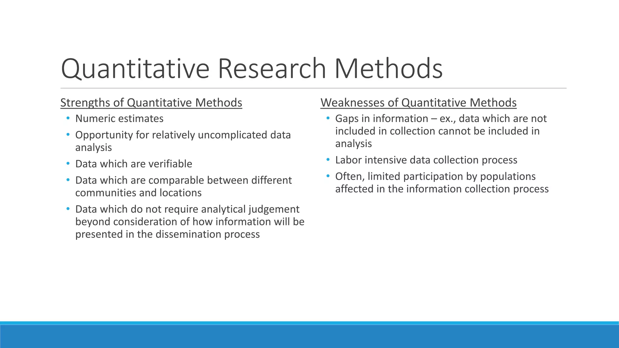 Quantitative Research Methods
Strengths of Quantitative Methods
• Numeric estimates
• Opportunity for relatively uncomplicated data
analysis
• Data which are verifiable
• Data which are comparable between different
communities and locations
• Data which do not require analytical judgement
beyond consideration of how information will be
presented in the dissemination process
Weaknesses of Quantitative Methods
• Gaps in information – ex., data which are not
included in collection cannot be included in
analysis
• Labor intensive data collection process
• Often, limited participation by populations
affected in the information collection process
 