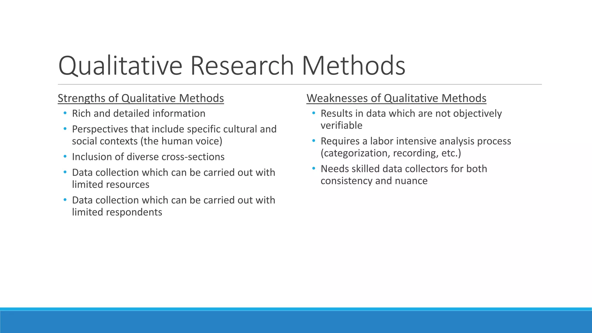 Qualitative Research Methods
Strengths of Qualitative Methods
• Rich and detailed information
• Perspectives that include specific cultural and
social contexts (the human voice)
• Inclusion of diverse cross-sections
• Data collection which can be carried out with
limited resources
• Data collection which can be carried out with
limited respondents
Weaknesses of Qualitative Methods
• Results in data which are not objectively
verifiable
• Requires a labor intensive analysis process
(categorization, recording, etc.)
• Needs skilled data collectors for both
consistency and nuance
 
