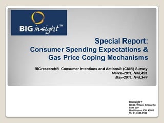 Special Report:Consumer Spending Expectations & Gas Price Coping Mechanisms BIGresearch®  Consumer Intentions and Actions® (CIA®) SurveyMarch-2011, N=8,491May-2011, N=8,344 BIGinsight™  400 W. Wilson Bridge Rd. Suite 200 Worthington, OH 43085 Ph: 614-846-0146 