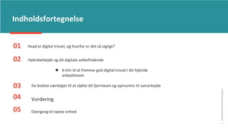 post-pandemisk
empowerment-program
Indholdsfortegnelse
01 Hvad er digital trivsel, og hvorfor er det så vigtigt?
02 Hybridarbejde og dit digitale velbefindende
● 6 trin til at fremme god digital trivsel i dit hybride
arbejdsteam
03 De bedste værktøjer til at støtte dit fjernteam og opmuntre til samarbejde
04 Vurdering
05 Overgang til næste enhed
 