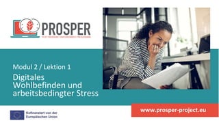 Digitales
Wohlbefinden und
arbeitsbedingter Stress
Modul 2 / Lektion 1
www.prosper-project.eu
 