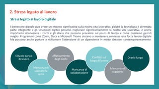 post
pandemic
empowerment
programme
2. Stress legato al lavoro
Il benessere digitale può avere un impatto significativo sulla nostra vita lavorativa, poiché la tecnologia è diventata
parte integrante e gli strumenti digitali possono migliorare significativamente la nostra vita lavorativa, è anche
importante riconoscere i rischi e gli stress che possono prevalere sul posto di lavoro e come possiamo gestirli
meglio. Programmi come Zoom, Slack e Microsoft Teams aiutano a mantenere connessa una forza lavoro digitale
Ma possono anche portare a richiamare l'attenzione di un dipendente in molte direzioni contemporaneamente.
Elevato carico
di lavoro
Mancanza di
staccare la
spina
Affaticamento
degli occhi
Mancanza di
collaborazione
Conflitti sul
luogo di lavoro
Mancanza di
supporto
Orario lungo
Stress legato al lavoro digitale
 