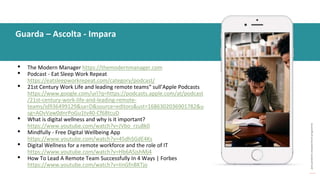 post
pandemic
empowerment
programme
• The Modern Manager https://themodernmanager.com
• Podcast - Eat Sleep Work Repeat
https://eatsleepworkrepeat.com/category/podcast/
• 21st Century Work Life and leading remote teams“ sull’Apple Podcasts
https://www.google.com/url?q=https://podcasts.apple.com/at/podcast
/21st-century-work-life-and-leading-remote-
teams/id936499129&sa=D&source=editors&ust=1686302036901782&u
sg=AOvVaw0dnrPoGu1tv40-Cf68tcuD
• What is digital wellness and why is it important?
https://www.youtube.com/watch?v=JVbo_rzu8k0
• Mindfully - Free Digital Wellbeing App
https://www.youtube.com/watch?v=45dhSGdE4Ks
• Digital Wellness for a remote workforce and the role of IT
https://www.youtube.com/watch?v=Hb6A5jshMj4
• How To Lead A Remote Team Successfully In 4 Ways | Forbes
https://www.youtube.com/watch?v=IinGfnBKTjo
Guarda – Ascolta - Impara
 
