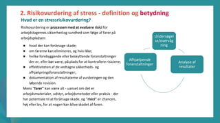 post-pandemisk
empowerment-program
Risikovurdering er processen med at evaluere risici for
arbejdstagernes sikkerhed og sundhed som følge af farer på
arbejdspladsen:
● hvad der kan forårsage skade;
● om farerne kan elimineres, og hvis ikke;
● hvilke forebyggende eller beskyttende foranstaltninger
der er, eller bør være, på plads for at kontrollere risiciene;
● effektiviteten af de vedtagne sikkerheds- og
afhjælpningsforanstaltninger;
● dokumentation af resultaterne af vurderingen og den
løbende revision.
Mens "farer" kan være alt - uanset om det er
arbejdsmaterialer, udstyr, arbejdsmetoder eller praksis - der
har potentiale til at forårsage skade, og "risici" er chancen,
høj eller lav, for at nogen kan blive skadet af faren.
2. Risikovurdering af stress - definition og betydning
Undersøgel
se/overvåg
ning
Analyse af
resultater
Afhjælpende
foranstaltninger
Hvad er en stressrisikovurdering?
 