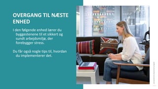 post-pandemisk
empowerment-program
I den følgende enhed lærer du
byggestenene til et sikkert og
sundt arbejdsmiljø, der
forebygger stress.
Du får også nogle tips til, hvordan
du implementerer det.
OVERGANG TIL NÆSTE
ENHED
 
