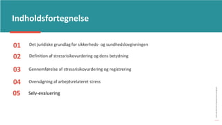 post-pandemisk
empowerment-program
Indholdsfortegnelse
02
03 Gennemførelse af stressrisikovurdering og registrering
Definition af stressrisikovurdering og dens betydning
04 Overvågning af arbejdsrelateret stress
01 Det juridiske grundlag for sikkerheds- og sundhedslovgivningen
05 Selv-evaluering
 