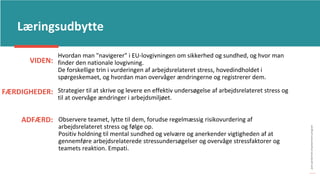 post-pandemisk
empowerment-program
VIDEN:
Læringsudbytte
Hvordan man "navigerer" i EU-lovgivningen om sikkerhed og sundhed, og hvor man
finder den nationale lovgivning.
De forskellige trin i vurderingen af arbejdsrelateret stress, hovedindholdet i
spørgeskemaet, og hvordan man overvåger ændringerne og registrerer dem.
FÆRDIGHEDER: Strategier til at skrive og levere en effektiv undersøgelse af arbejdsrelateret stress og
til at overvåge ændringer i arbejdsmiljøet.
ADFÆRD: Observere teamet, lytte til dem, forudse regelmæssig risikovurdering af
arbejdsrelateret stress og følge op.
Positiv holdning til mental sundhed og velvære og anerkender vigtigheden af at
gennemføre arbejdsrelaterede stressundersøgelser og overvåge stressfaktorer og
teamets reaktion. Empati.
 