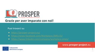 post
pandemic
empowerment
programme
Puoi trovarci su:
● https://prosper-project.eu/
● https://www.facebook.com/Workplace.SMEs.EU
● https://www.linkedin.com/company/workplace-smes/
Grazie per aver imparato con noi!
www.prosper-project.eu
 
