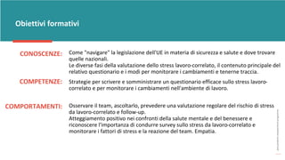 post
pandemic
empowerment
programme
CONOSCENZE:
Obiettivi formativi
Come "navigare" la legislazione dell'UE in materia di sicurezza e salute e dove trovare
quelle nazionali.
Le diverse fasi della valutazione dello stress lavoro-correlato, il contenuto principale del
relativo questionario e i modi per monitorare i cambiamenti e tenerne traccia.
COMPETENZE: Strategie per scrivere e somministrare un questionario efficace sullo stress lavoro-
correlato e per monitorare i cambiamenti nell'ambiente di lavoro.
COMPORTAMENTI: Osservare il team, ascoltarlo, prevedere una valutazione regolare del rischio di stress
da lavoro-correlato e follow-up.
Atteggiamento positivo nei confronti della salute mentale e del benessere e
riconoscere l'importanza di condurre survey sullo stress da lavoro-correlato e
monitorare i fattori di stress e la reazione del team. Empatia.
 