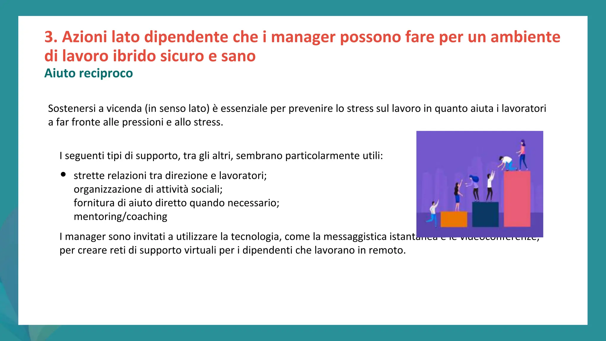 post
pandemic
empowerment
programme
Sostenersi a vicenda (in senso lato) è essenziale per prevenire lo stress sul lavoro in quanto aiuta i lavoratori
a far fronte alle pressioni e allo stress.
I seguenti tipi di supporto, tra gli altri, sembrano particolarmente utili:
• strette relazioni tra direzione e lavoratori;
organizzazione di attività sociali;
fornitura di aiuto diretto quando necessario;
mentoring/coaching
I manager sono invitati a utilizzare la tecnologia, come la messaggistica istantanea e le videoconferenze,
per creare reti di supporto virtuali per i dipendenti che lavorano in remoto.
3. Azioni lato dipendente che i manager possono fare per un ambiente
di lavoro ibrido sicuro e sano
Aiuto reciproco
 