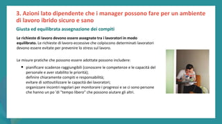 post
pandemic
empowerment
programme
Le richieste di lavoro devono essere assegnate tra i lavoratori in modo
equilibrato. Le richieste di lavoro eccessive che colpiscono determinati lavoratori
devono essere evitate per prevenire lo stress sul lavoro.
Le misure pratiche che possono essere adottate possono includere:
• pianificare scadenze raggiungibili (conoscere le competenze e le capacità del
personale e aver stabilito le priorità);
definire chiaramente compiti e responsabilità;
evitare di sottoutilizzare le capacità dei lavoratori;
organizzare incontri regolari per monitorare i progressi e se ci sono persone
che hanno un po 'di "tempo libero" che possono aiutare gli altri.
3. Azioni lato dipendente che i manager possono fare per un ambiente
di lavoro ibrido sicuro e sano
Giusta ed equilibrata assegnazione dei compiti
 