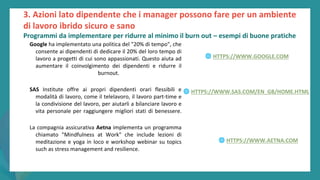 post
pandemic
empowerment
programme
Google ha implementato una politica del "20% di tempo", che
consente ai dipendenti di dedicare il 20% del loro tempo di
lavoro a progetti di cui sono appassionati. Questo aiuta ad
aumentare il coinvolgimento dei dipendenti e ridurre il
burnout.
SAS Institute offre ai propri dipendenti orari flessibili e
modalità di lavoro, come il telelavoro, il lavoro part-time e
la condivisione del lavoro, per aiutarli a bilanciare lavoro e
vita personale per raggiungere migliori stati di benessere.
La compagnia assicurativa Aetna implementa un programma
chiamato "Mindfulness at Work" che include lezioni di
meditazione e yoga in loco e workshop webinar su topics
such as stress management and resilience.
3. Azioni lato dipendente che i manager possono fare per un ambiente
di lavoro ibrido sicuro e sano
Programmi da implementare per ridurre al minimo il burn out – esempi di buone pratiche
🌐 HTTPS://WWW.GOOGLE.COM
🌐 HTTPS://WWW.SAS.COM/EN_GB/HOME.HTML
🌐 HTTPS://WWW.AETNA.COM
 