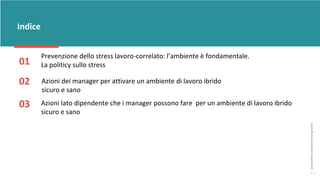 post
pandemic
empowerment
programme
Indice
02
03
01
Azioni dei manager per attivare un ambiente di lavoro ibrido
sicuro e sano
Prevenzione dello stress lavoro-correlato: l’ambiente è fondamentale.
La politicy sullo stress
Azioni lato dipendente che i manager possono fare per un ambiente di lavoro ibrido
sicuro e sano
 