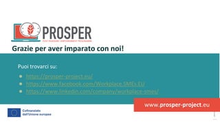post
pandemic
empowerment
programme
Puoi trovarci su:
● https://prosper-project.eu/
● https://www.facebook.com/Workplace.SMEs.EU
● https://www.linkedin.com/company/workplace-smes/
Grazie per aver imparato con noi!
www.prosper-project.eu
 