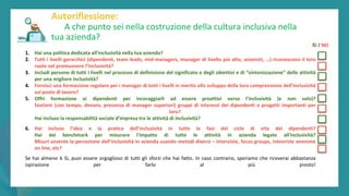 post
pandemic
empowerment
programme
1. Hai una politica dedicata all'inclusività nella tua azienda?
2. Tutti i livelli gerarchici (dipendenti, team leads, mid-managers, manager di livello più alto, azionisti, …) riconoscono il loro
ruolo nel promuovere l’inclusività?
3. Includi persone di tutti i livelli nel processo di definizione del significato e degli obiettivi e di “sintonizzazione” delle attività
per una migliore inclusività?
4. Fornisci una formazione regolare per i manager di tutti i livelli in merito allo sviluppo della loro comprensione dell'inclusività
sul posto di lavoro?
5. Offri formazione ai dipendenti per incoraggiarli ad essere proattivi verso l'inclusività (e non solo)?
Sostieni (con tempo, denaro, presenza di manager superiori) gruppi di interessi dei dipendenti o progetti importanti per
loro?
Hai incluso la responsabilità sociale d'impresa tra le attività di inclusività?
6. Hai incluso l'idea e la pratica dell'inclusività in tutte le fasi del ciclo di vita dei dipendenti?
Hai dei benchmark per misurare l'impatto di tutte le attività in azienda legate all'inclusività?
Misuri sovente la percezione dell’inclusività in azienda usando metodi diversi – interviste, focus groups, intevriste anonime
on line, etc?
Se hai almeno 6 Sì, puoi essere orgoglioso di tutti gli sforzi che hai fatto. In caso contrario, speriamo che riceverai abbastanza
ispirazione per farlo al più presto!
Autoriflessione:
A che punto sei nella costruzione della cultura inclusiva nella
tua azienda?
Sì / NO
 
