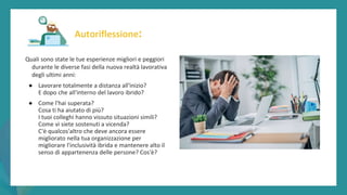 post
pandemic
empowerment
programme
Quali sono state le tue esperienze migliori e peggiori
durante le diverse fasi della nuova realtà lavorativa
degli ultimi anni:
● Lavorare totalmente a distanza all'inizio?
E dopo che all'interno del lavoro ibrido?
● Come l'hai superata?
Cosa ti ha aiutato di più?
I tuoi colleghi hanno vissuto situazioni simili?
Come vi siete sostenuti a vicenda?
C'è qualcos'altro che deve ancora essere
migliorato nella tua organizzazione per
migliorare l'inclusività ibrida e mantenere alto il
senso di appartenenza delle persone? Cos'è?
Autoriflessione:
 
