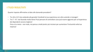 post
pandemic
empowerment
programme
Quante risposte affirmative ai dato alle domande precedent?
- Tra 10 e 12 🡪 stai andando alla grande! Condividi la tua esperienza con altre aziende e manager!
- Tra 7 - 9 🡪 stai facendo molto bene! Puoi pensare di controllare cosa può essere aggiunto per un'esperienza
dei dipendenti ancora migliore!
Fino a 6 e meno - non male, ma pensa a modi pratici più incisievi per aumentare l’inclusività nella tua
impresa!
I TUOI RISULTATI
 