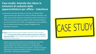 post
pandemic
empowerment
programme
Un esempio di azienda che riduce le emissioni di carbonio delle
apparecchiature per ufficio è la società di software Salesforce. Nel
2018, hanno fissato l'obiettivo di diventare carbon neutral entro il
2020 e ridurre le emissioni di carbonio delle sue apparecchiature
per ufficio del 50% entro il 2022. Per raggiungere questo obiettivo,
hanno implementato diverse strategie, dettagliate nella
diapositiva successiva.
Risultato: implementando queste strategie, Salesforce è stata in grado di
ridurre le emissioni di carbonio delle sue apparecchiature per ufficio del
50% entro il 2022, il che ha aiutato l'azienda a raggiungere il suo obiettivo
di diventare carbon neutral
Questo caso di studio dimostra che è possibile per le aziende
ridurre significativamente le emissioni di carbonio delle
apparecchiature per ufficio attraverso una combinazione di
apparecchiature ad alta efficienza energetica, energia rinnovabile,
impostazioni di gestione dell'alimentazione, ottimizzazione del
data center e formazione dei dipendenti.
Caso studio: Azienda che riduce le
emissioni di carbonio delle
apparecchiature per ufficio – Salesforce
 