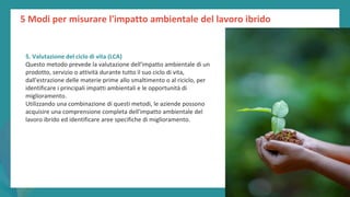 post
pandemic
empowerment
programme
5. Valutazione del ciclo di vita (LCA)
Questo metodo prevede la valutazione dell'impatto ambientale di un
prodotto, servizio o attività durante tutto il suo ciclo di vita,
dall'estrazione delle materie prime allo smaltimento o al riciclo, per
identificare i principali impatti ambientali e le opportunità di
miglioramento.
Utilizzando una combinazione di questi metodi, le aziende possono
acquisire una comprensione completa dell'impatto ambientale del
lavoro ibrido ed identificare aree specifiche di miglioramento.
5 Modi per misurare l'impatto ambientale del lavoro ibrido
 