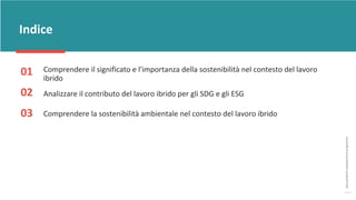 post
pandemic
empowerment
programme
Indice
01
02
03
Comprendere il significato e l'importanza della sostenibilità nel contesto del lavoro
ibrido
Analizzare il contributo del lavoro ibrido per gli SDG e gli ESG
Comprendere la sostenibilità ambientale nel contesto del lavoro ibrido
 
